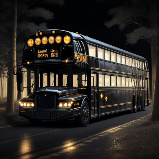 AI generated: big glossy black school bus nearby forest, intricate details, in the middle of the night, very detai...