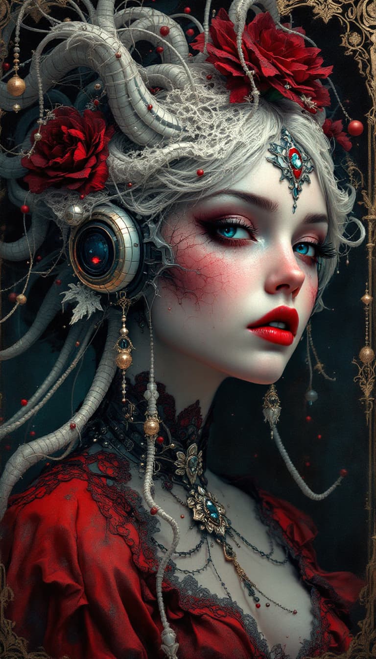 AI generated: Baroque Style, dreamlike hyperdetailed grunge art fantasy illustration featuring a victorian female ...