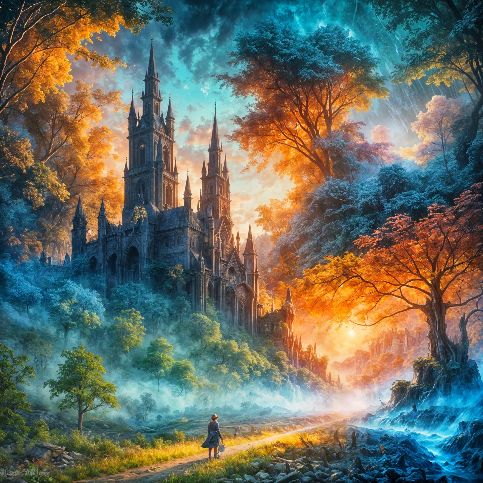 AI generated: A surreal scene of a farmer boy gazing towards a cathedral in the depth of a colourful blossom fores...