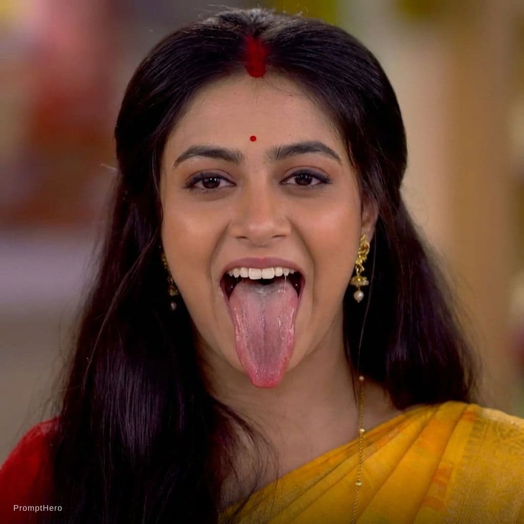 AI generated: Make her sticking her long tongue out  long wide realistic with visible teeth and saliva on tongue b...