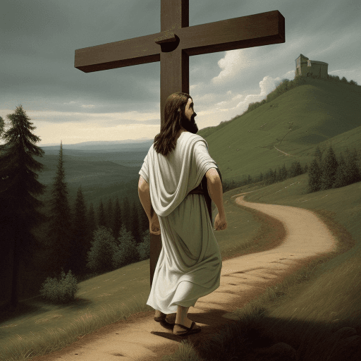 AI generated: jesus walkung up a hill while carying a cross on his back