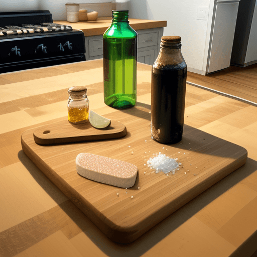AI generated: Initial panorama - part of the table near the gas stove, on the table there is a plastic bottle of s...