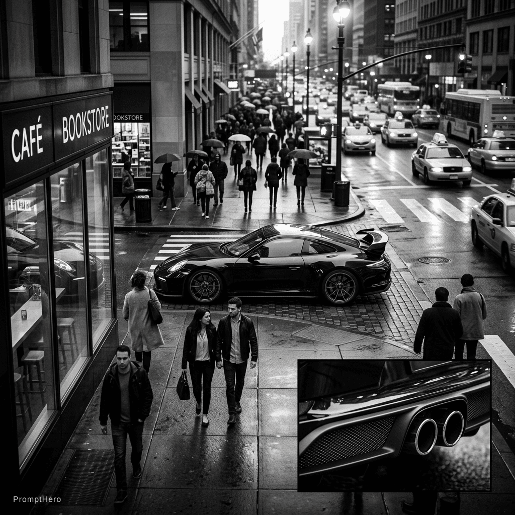 AI generated: Porshe 911 :: Harsh, directional light from behind :: Busy background with lots of activity :: Car p...
