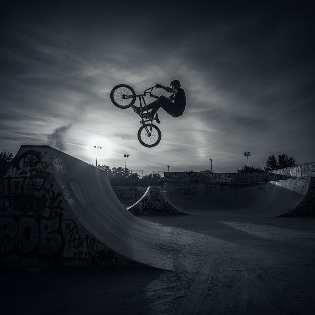 AI generated: photography, sports shooting, dynamic range, in the X-game park, dynamic motion with professional BM...