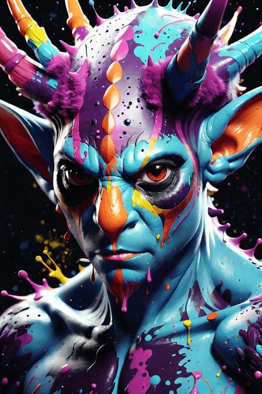 AI generated: fantasy creature, paint splatter, dreamlike, painting, highly detailed, close up portrait, symmetric...