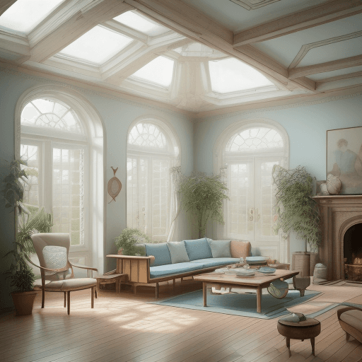 AI generated: High resolution photography interior design, dreamy sunken living room conversation pit, wooden floo...