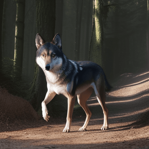 AI generated: ein junger wolf, verirrt im wald, sieht den mond,