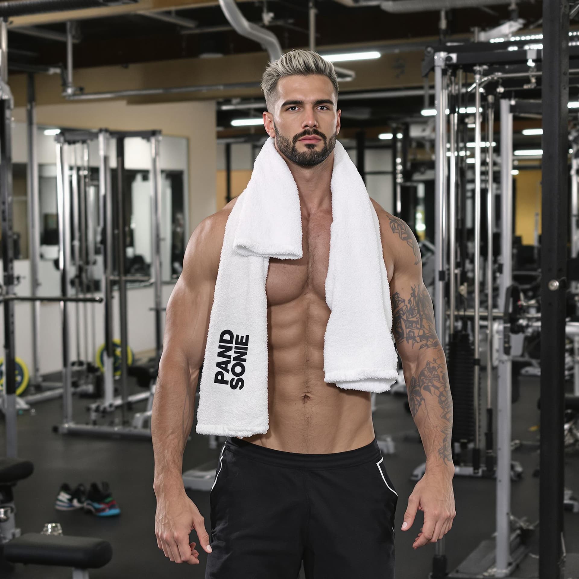AI generated: man at the gym with towel around neck, gym clothes and sneakers