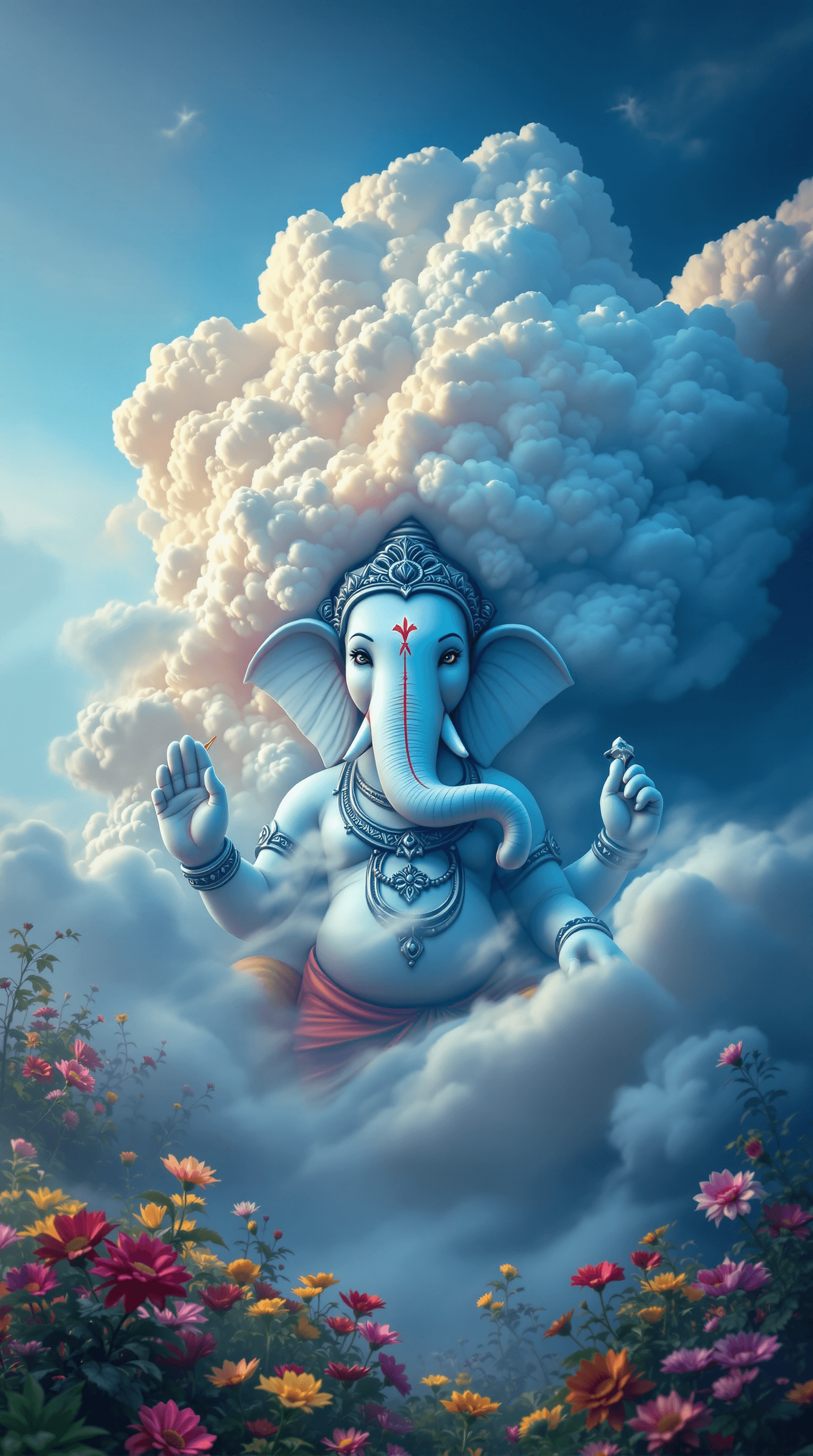 AI generated: Ganesha, billowing blue clouds, smoky atmosphere, 16K, HDR, colorful flowers, misty atmosphere, matt...