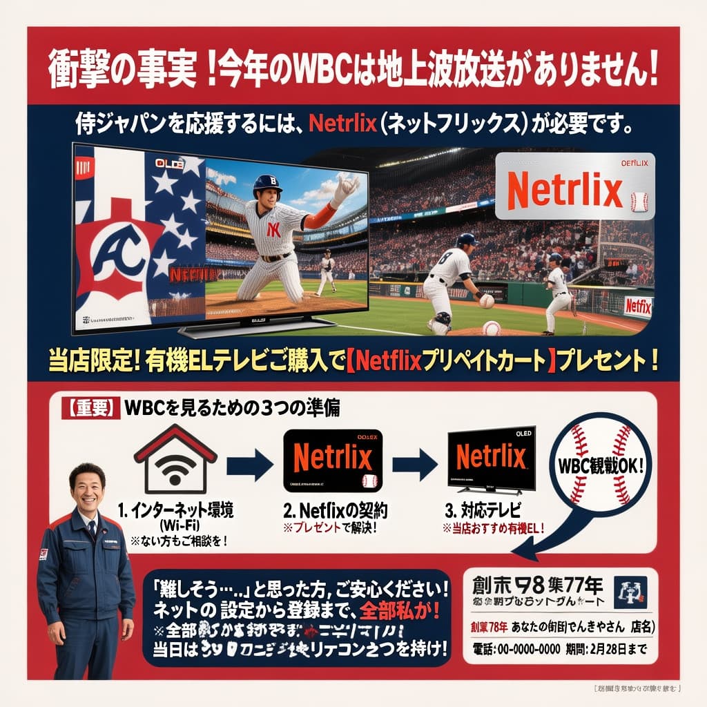 AI generated: Japanese postcard DM design for a local electronics store promoting OLED TVs for WBC viewing. The st...