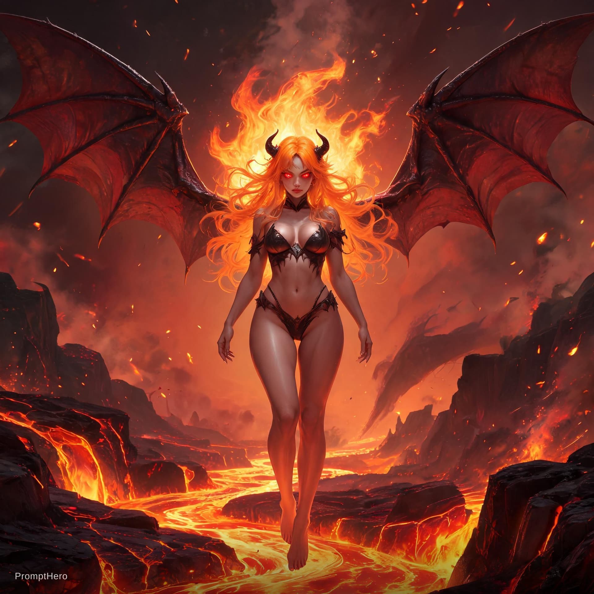AI generated: fish like skin, Perfectly-centered photograph of a real life female succubus  ((demon)) with batwing...