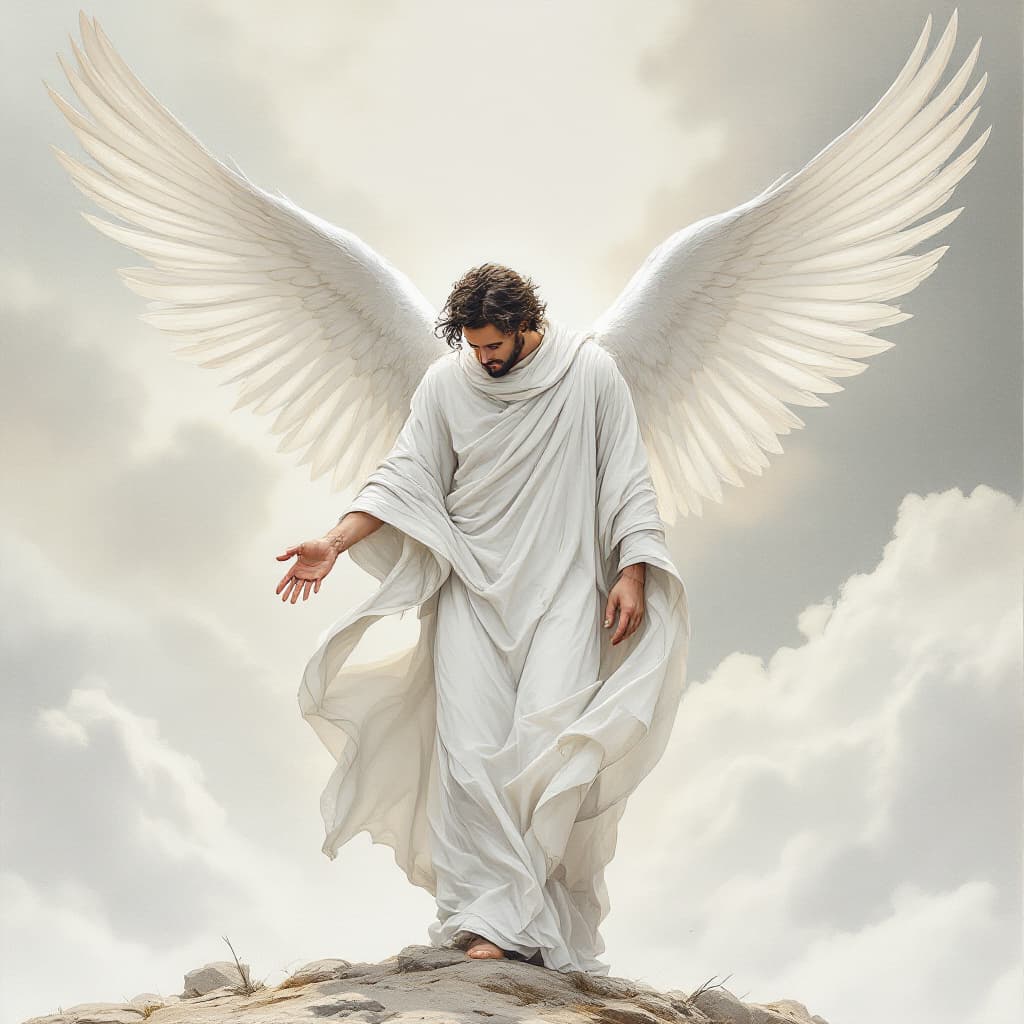 AI generated: an artist's drawing of a male masculine, strong angel with his head bowed with pure white robe stand...