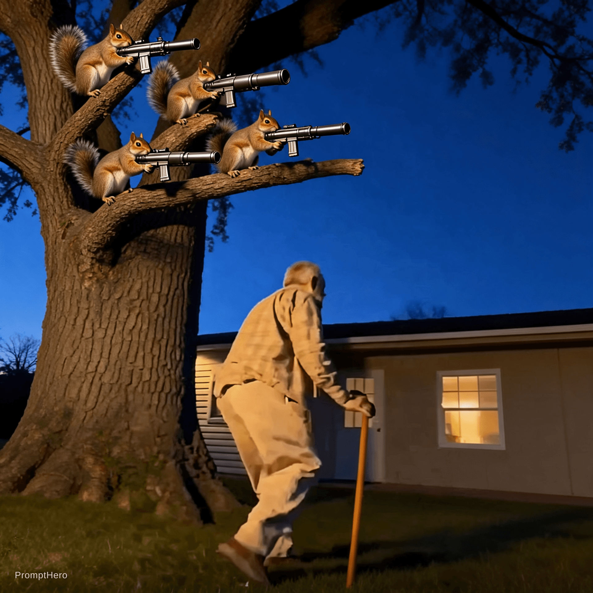 AI generated: genera a 4 ardillas realistas encima del árbol apuntando a la casa con un bazooka (es El primer foto...