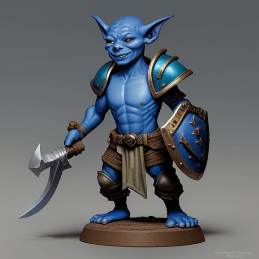 AI generated: A blue skinned 25 year old male goblin holding a warhammer and shield
