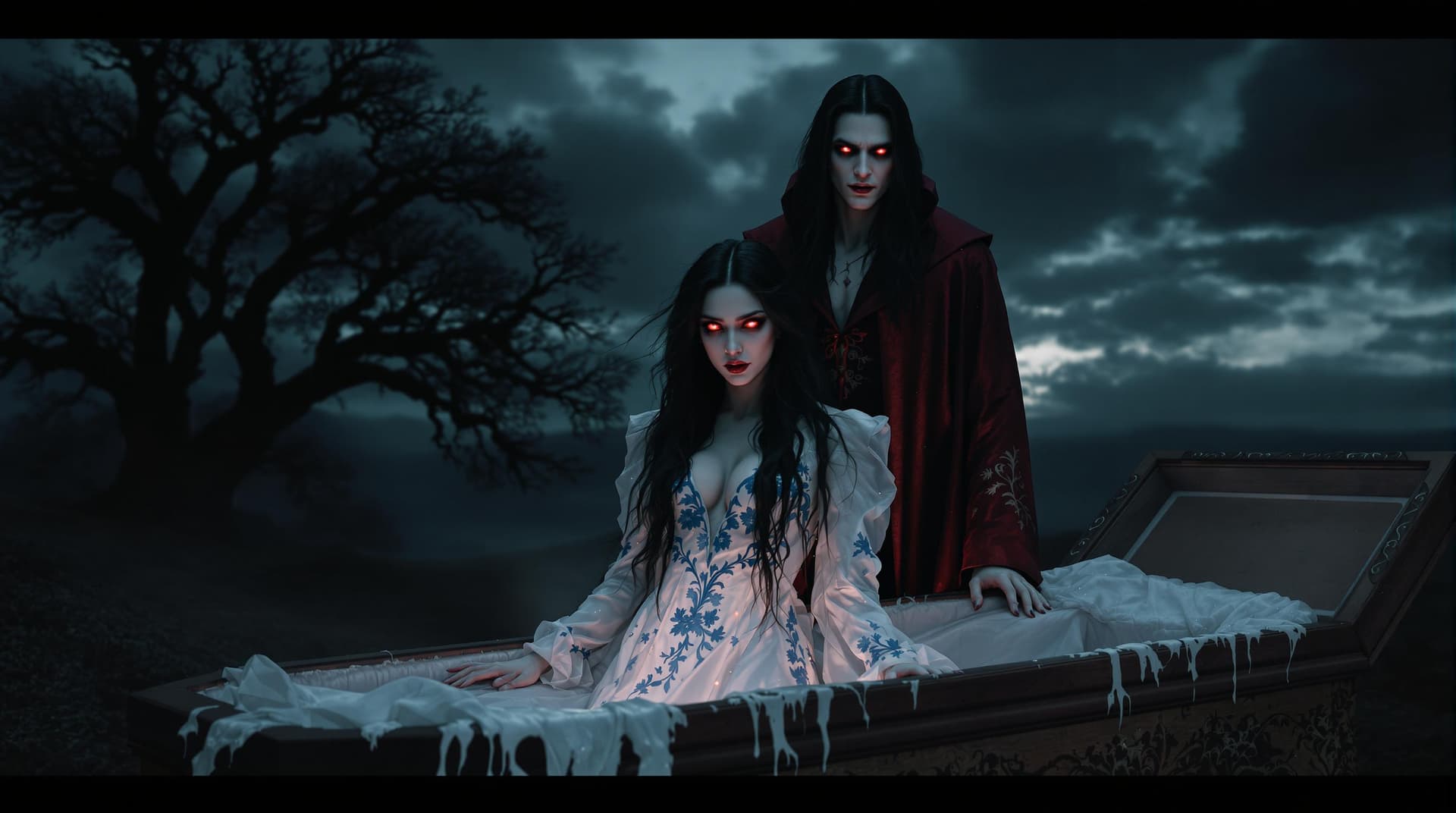 AI generated: The image depicts a dramatic and eerie scene, set against a wide, panoramic backdrop of dark and for...