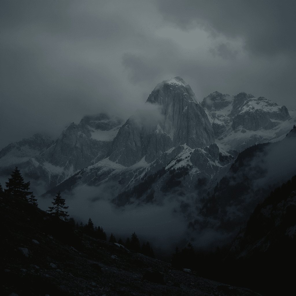 AI generated: Use the submitted image, a misty mountain background, a misty mountain landscape, dark surrealism, b...