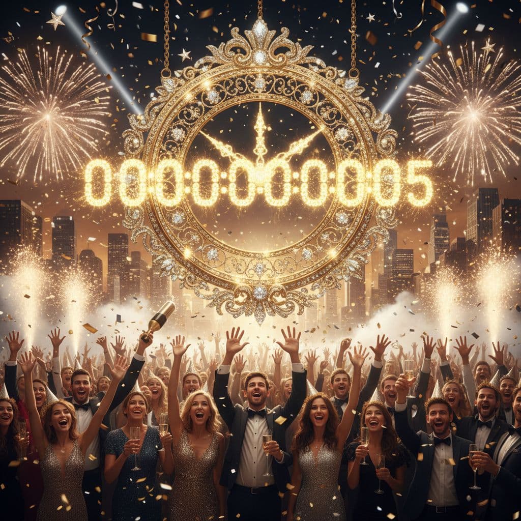 AI generated: "New Year countdown clock in golden sparkles, hyper-real party atmosphere"
