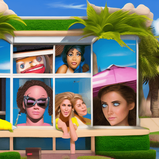 AI generated: Hyper realistic eye level exterior photo of female Nickelodeon movie stars sunbathing 