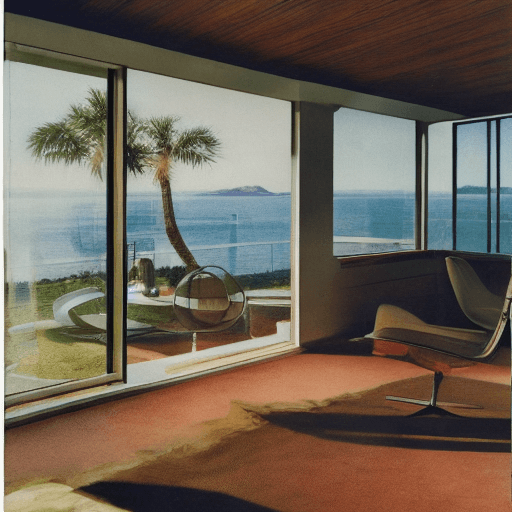 AI generated: Hyper realistic freda khalo stampunk, photo of a mid century modern style house overlooking the ocea...