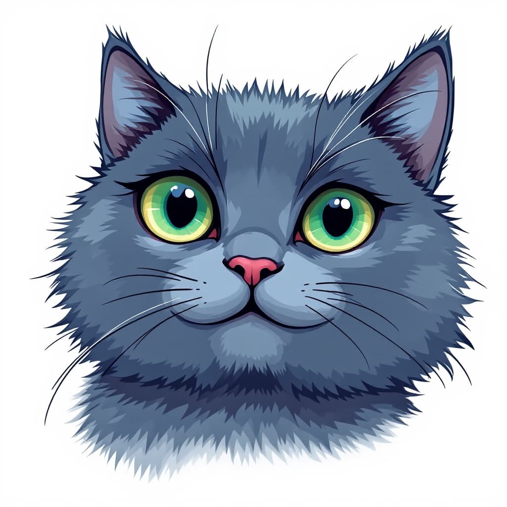 AI generated: cartoon, dollish cute russian blue cat face, emerald green eye, simplify, expressive eyes and a play...