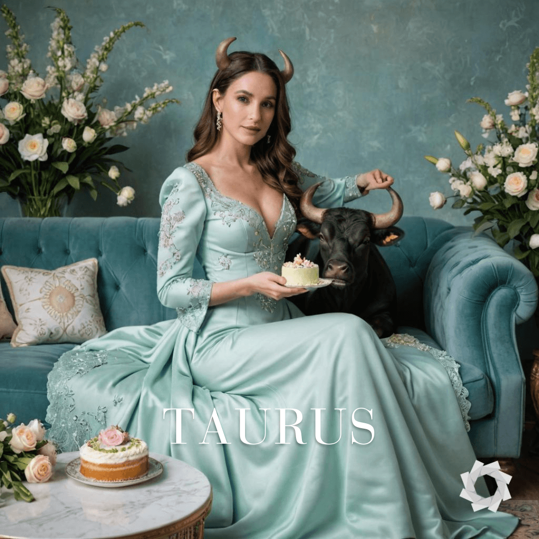 AI generated: full length portrait of a woman in a royal modest mint green gown representing Taurus zodiac sign, u...