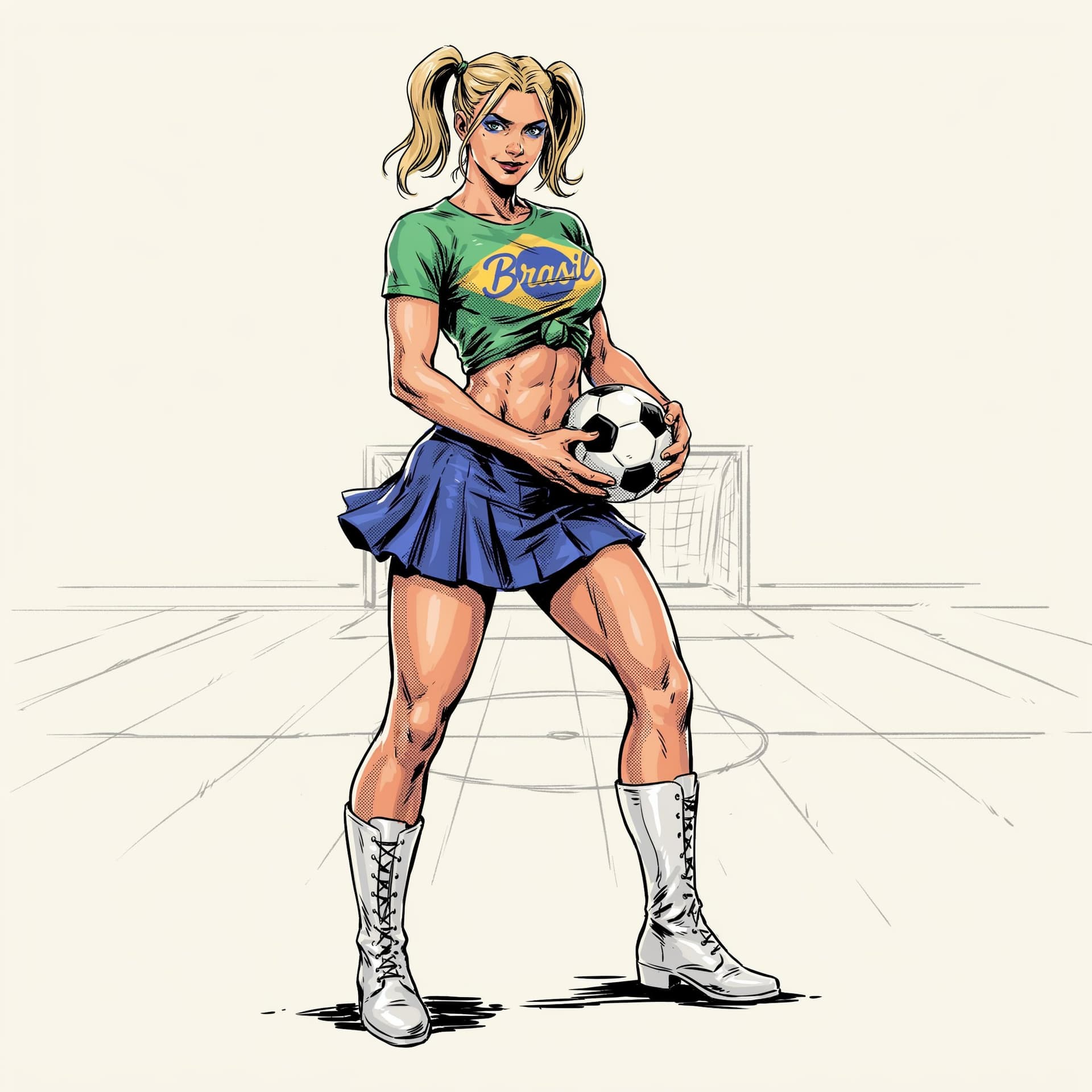AI generated: Harley Queen, con un sexy cuerpo atlético y musculoso, sexy, se representa en el centro de la imagen...