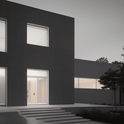 AI generated: University Admistrative building, exterior, at dusk, the architecture should feature clean lines wit...