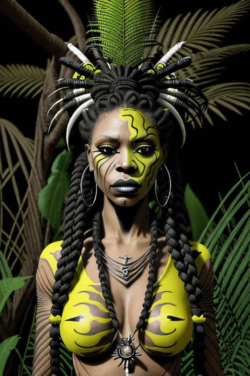 AI generated: Voodoo priestess, serious expression, highly detailed voodoo symbolism on yellow attire, line symbol...