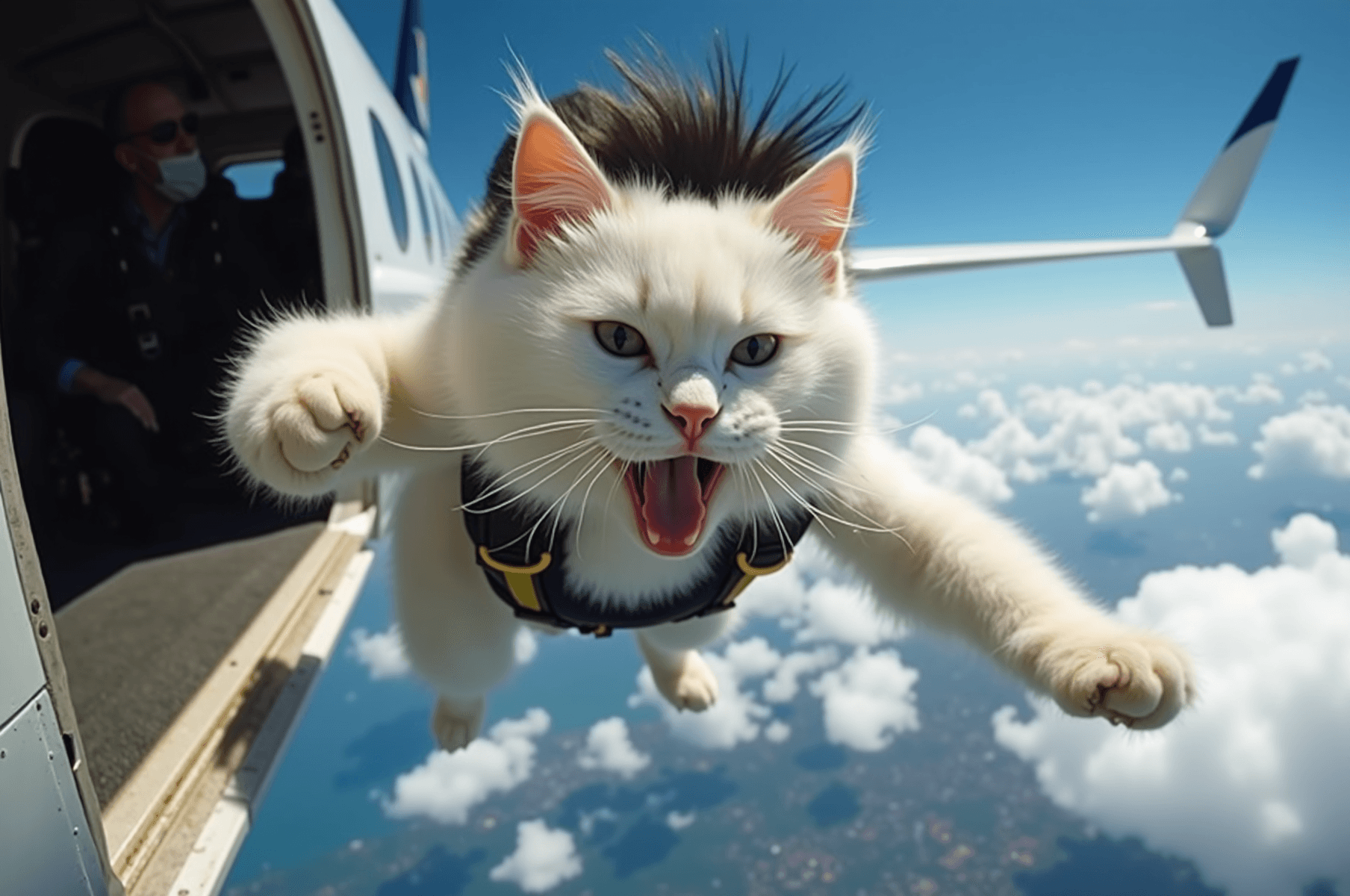 AI generated: Candid action photograph taken with a GoPro hero camera of a white cat with black fur on top of head...