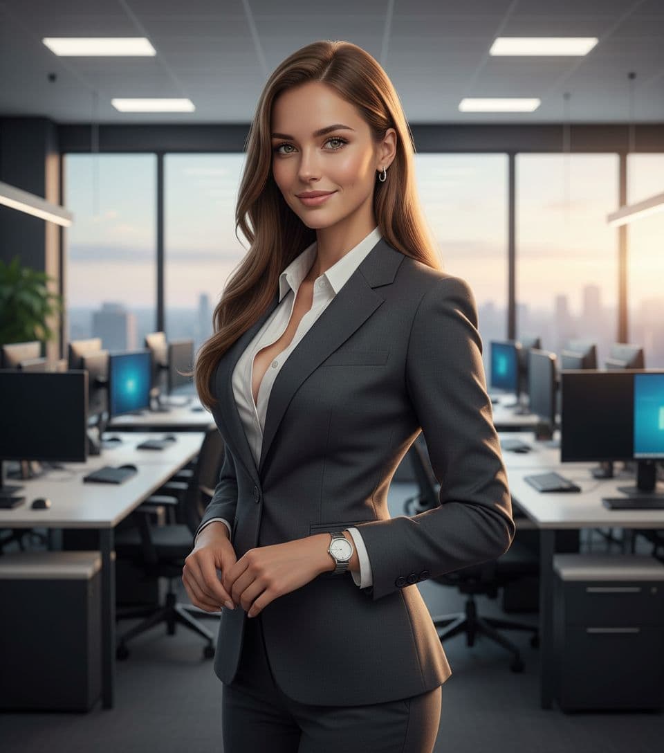 AI generated: A photorealistic masterpiece of an office lady with long, silky chestnut hair cascading over her sho...