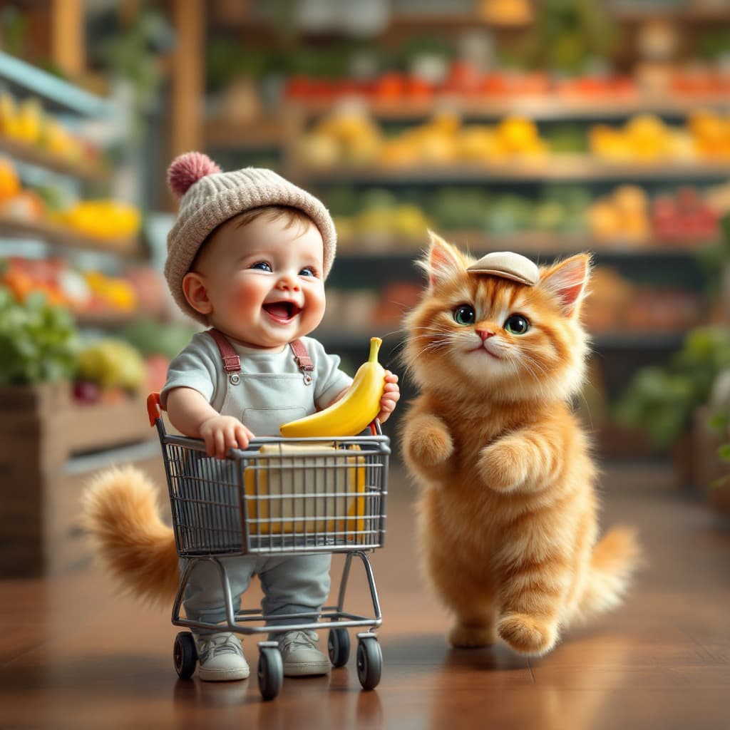 AI generated: A hyper-realistic image of a super cute baby pushing a tiny shopping cart, smiling joyfully, while a...