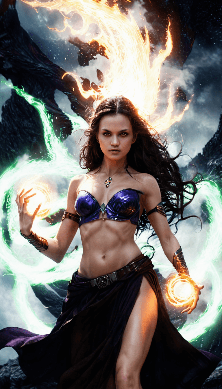 AI generated: OHWX WOMAN, A Night Sister, her (((navel))) subtly visible, conjures ancient magic in an upperbody s...