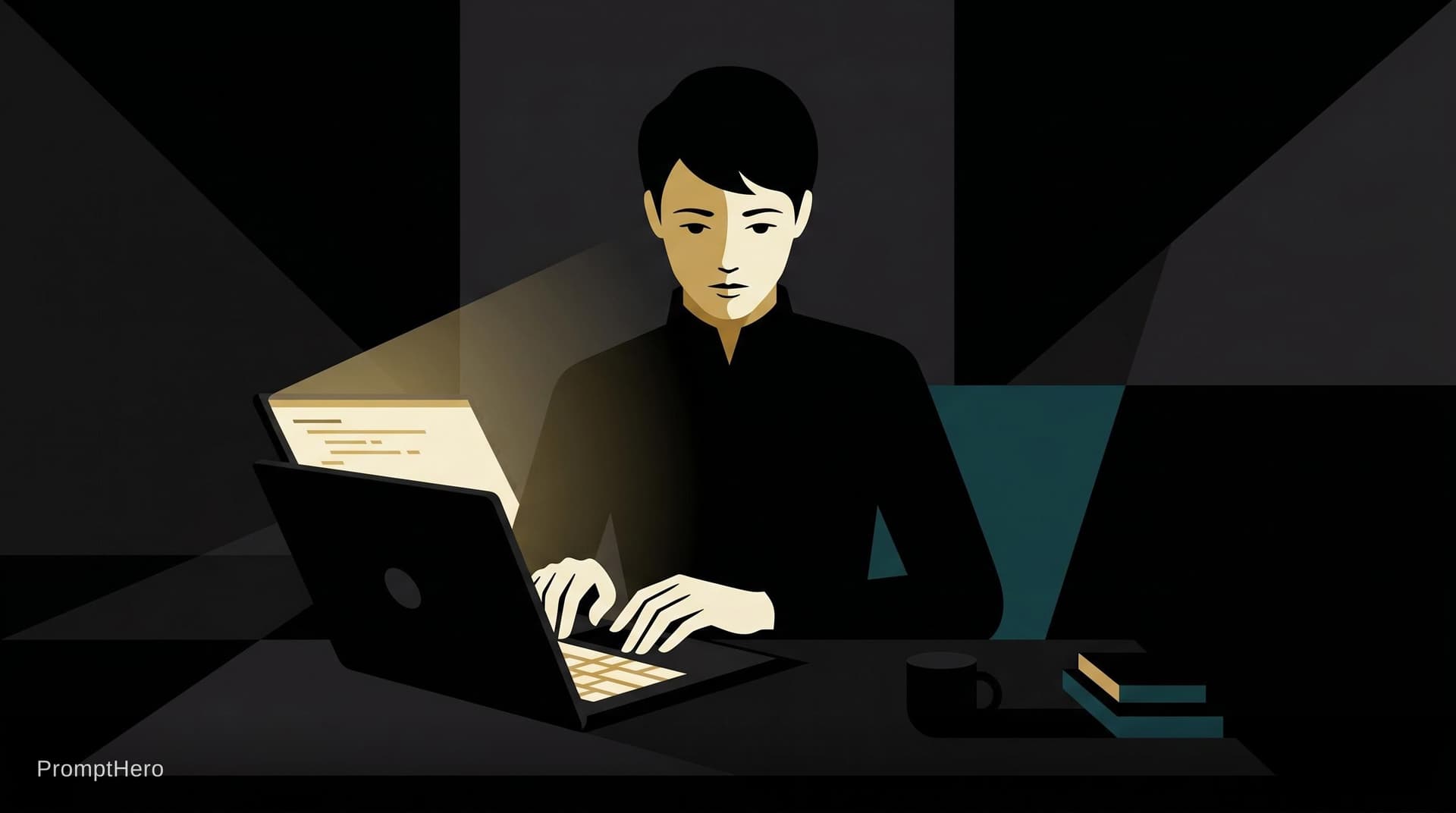 AI generated: I need a programmer front view on lap top typing but i want this color tones and style like Malika F...