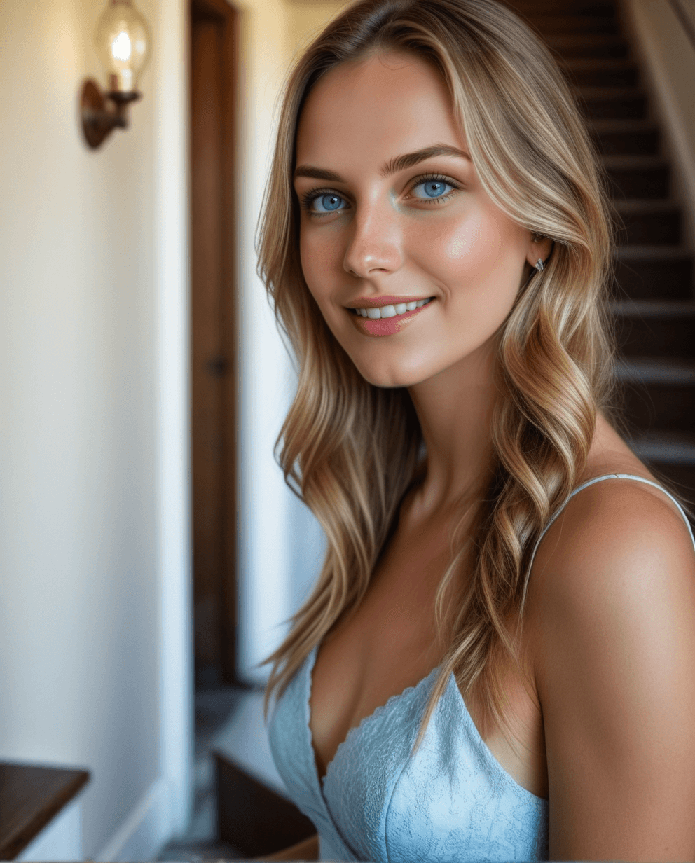AI generated: Highly photorealistic, high-resolution, 20-year-old White American female model, kaidan, stairs, doo...