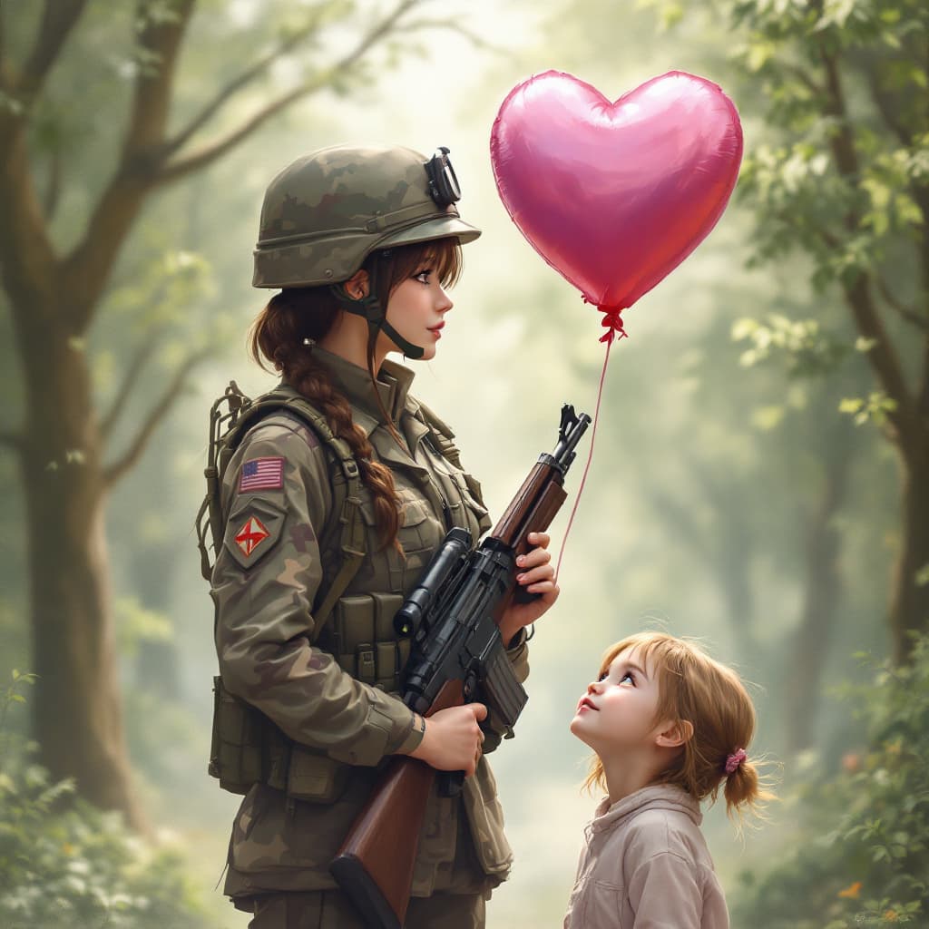 AI generated: a female soldier with rifle, a girl with heart shaped balloon,