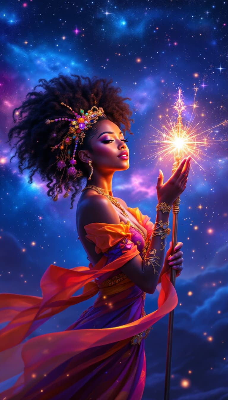 AI generated: "Radiant Voyager with a Playful Heart": A vibrant image depicts a stunning woman, gracefully maneuve...