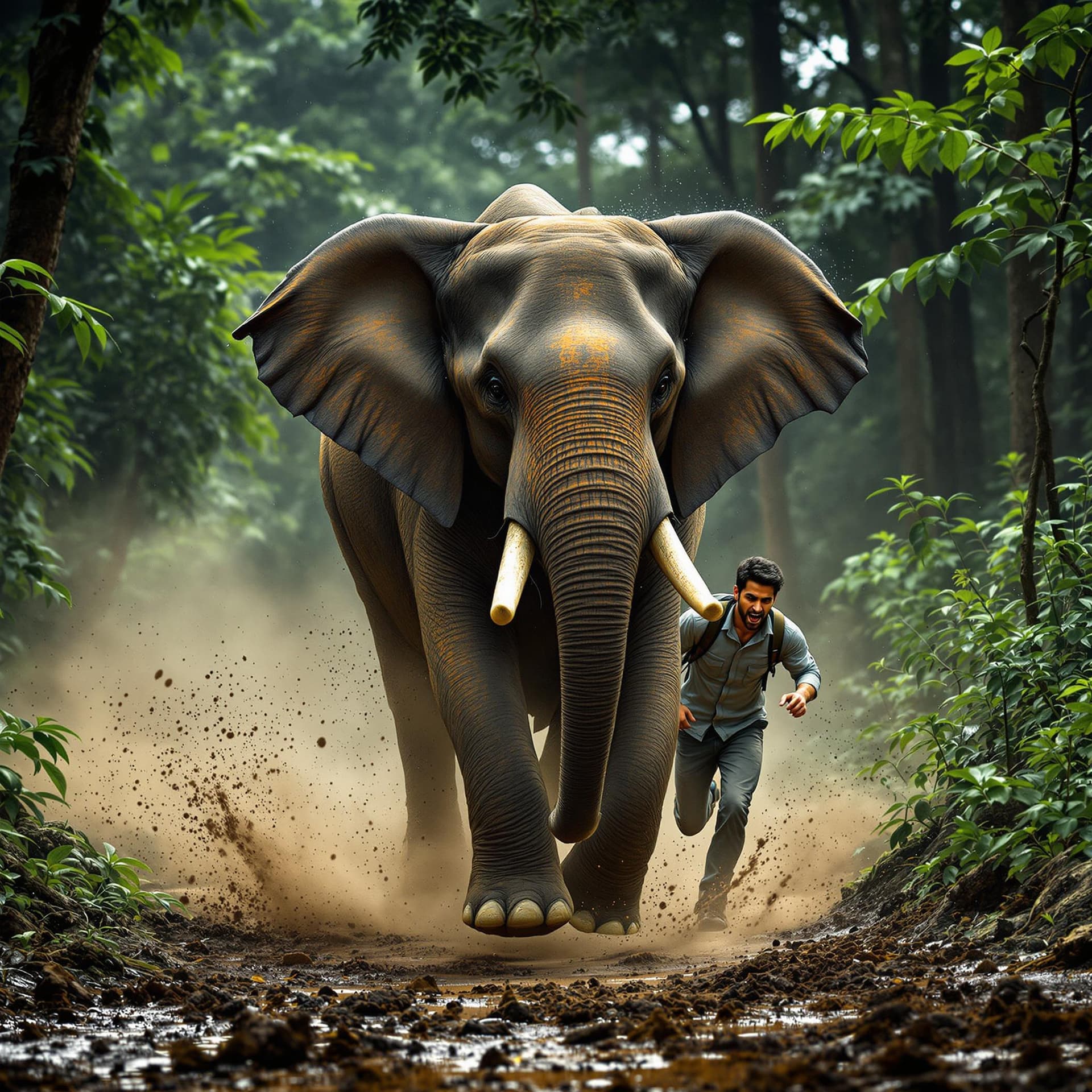 AI generated: Create a dramatic and dynamic image set in a deep Kerala forest, depicting an elephant running behin...