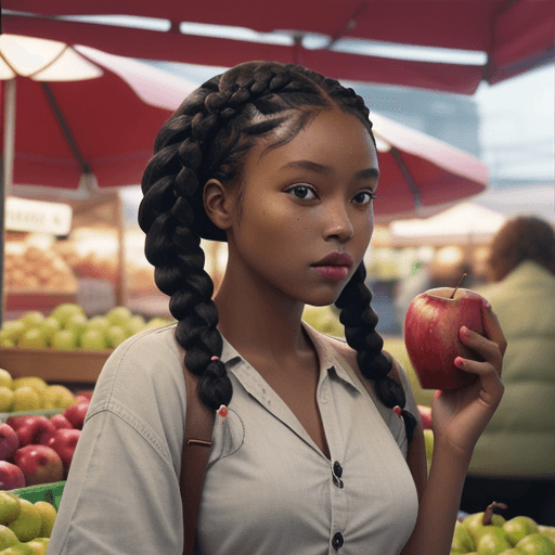 AI generated: Black girl with braids stares at an apple stand in a market, hyper-realism, high detail, octane rend...
