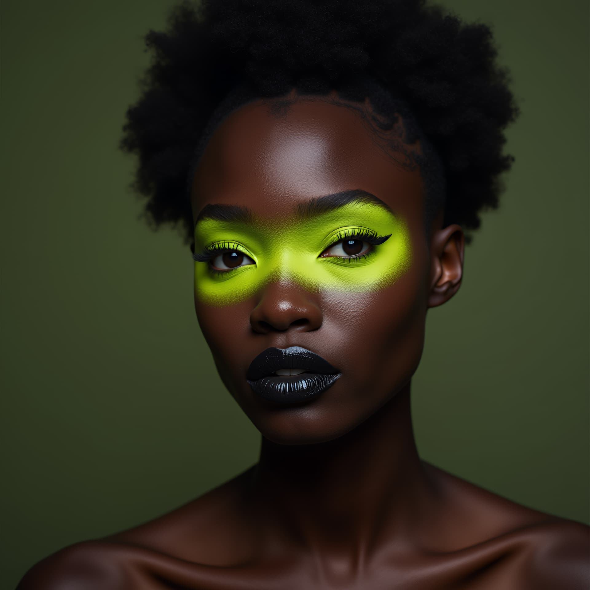 AI generated: expressive beauty shot of a 23-year-old Nigerian model with bold chartreuse shadow covering eyelids ...