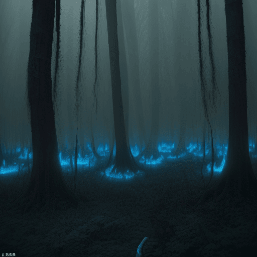 AI generated: a photography of An eerie forest overtaken by fungi,  covering the ground and  dead trees in dense g...