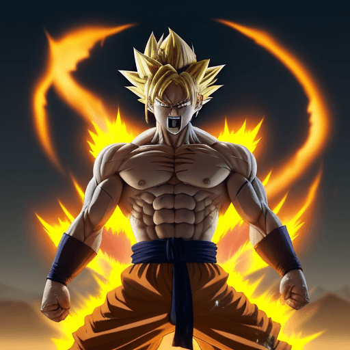 AI generated: Dbz: Goku like character, extra long yellow hair, fighting at war, extrame rage, berserk, screaming,...