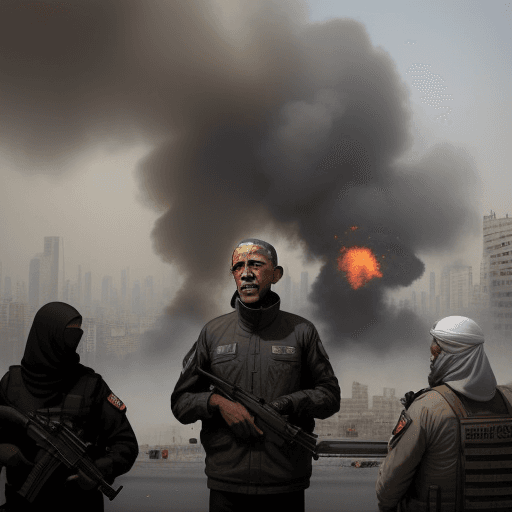 AI generated: Obama, leader of al qaeda, wearing a bulletproof suicide bombing jacket, ak47 in hand, holding peopl...