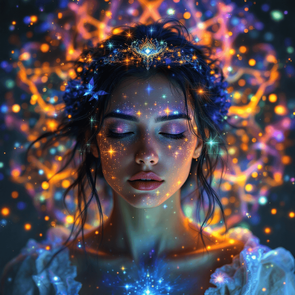AI generated: Fantasy world where a woman's emotions are visible as layers of shimmering auras, changing color and...