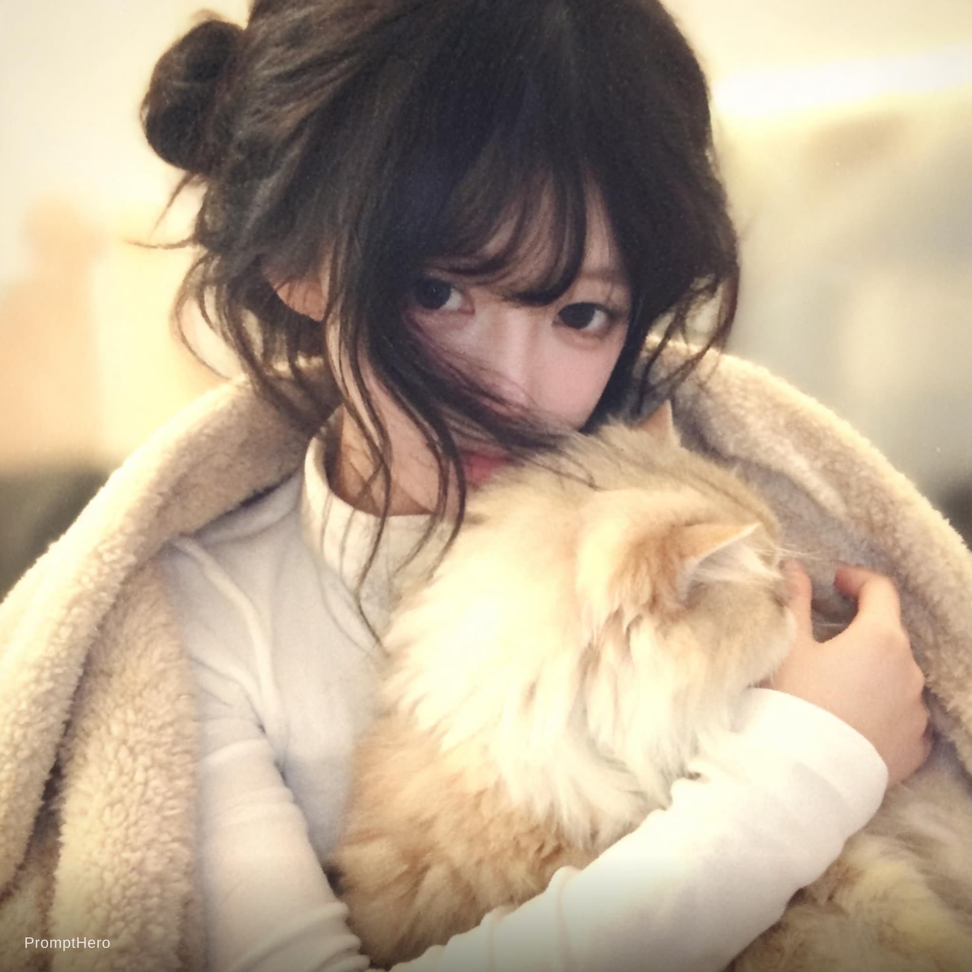AI generated: Vintage melancholic vibe, phone camera style, super low resolution, close-up face shot, warm Japanes...