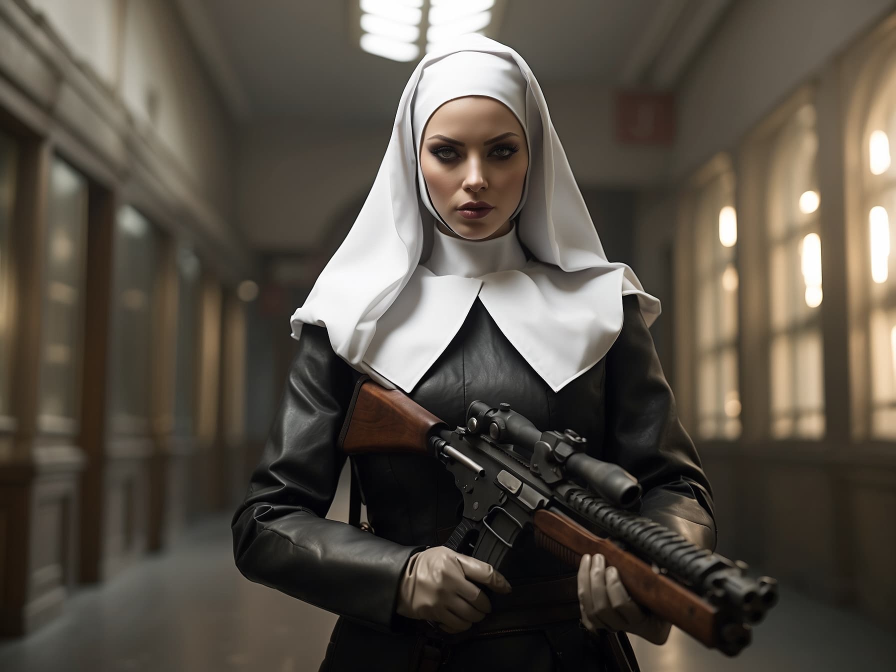 AI generated: a nun holding a gun in a hallway, poster art by Steven Belledin, behance contest winner, serial art,...