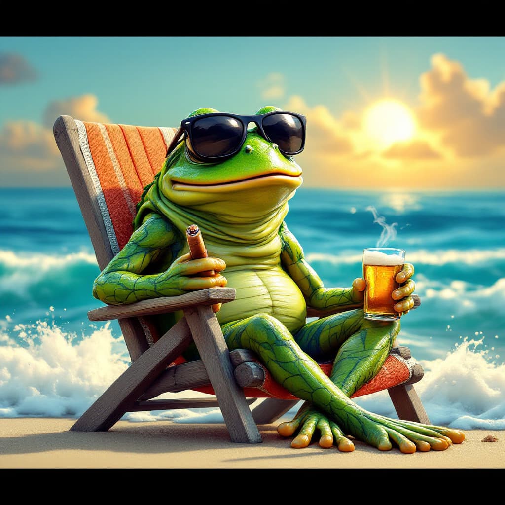 AI generated: A green tree frog with sunglasses on is sitting in a beach chair with a cigar in one hand and a beer...