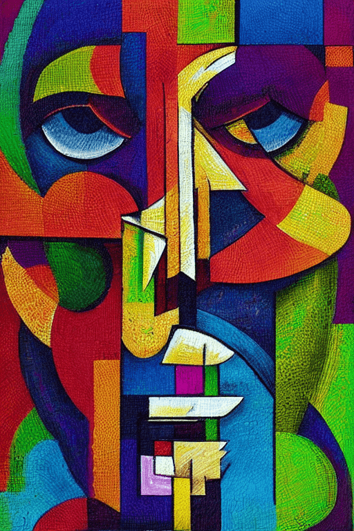 AI generated: an abstract painting of a face showing elements of pixel art, sacred geometry, mossy raised letterin...