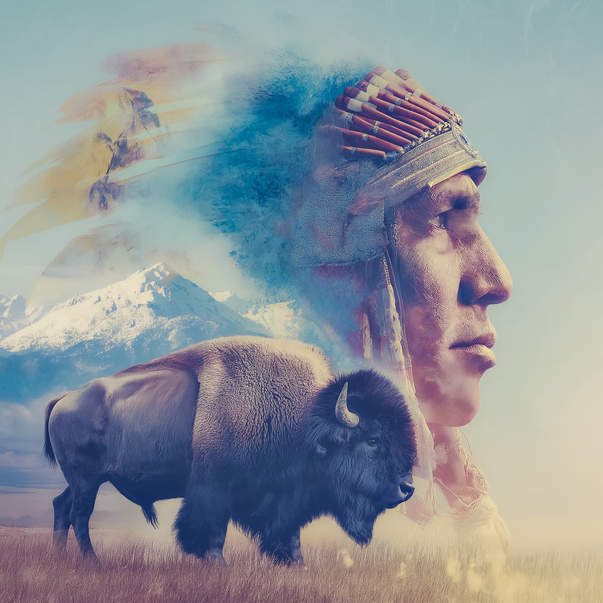 AI generated: An artistic rendering of an Indian chief standing beside his bison, set against the backdrop of vast...