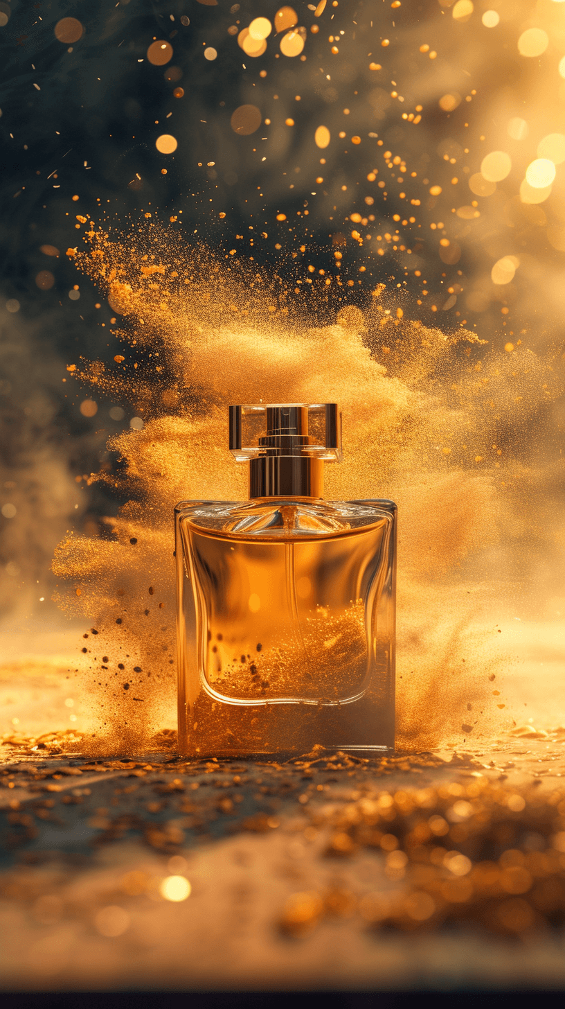 AI generated: Commercial photography, powerful explosion of golden dust,luxury parfum bottle,yellow sunray, studio...