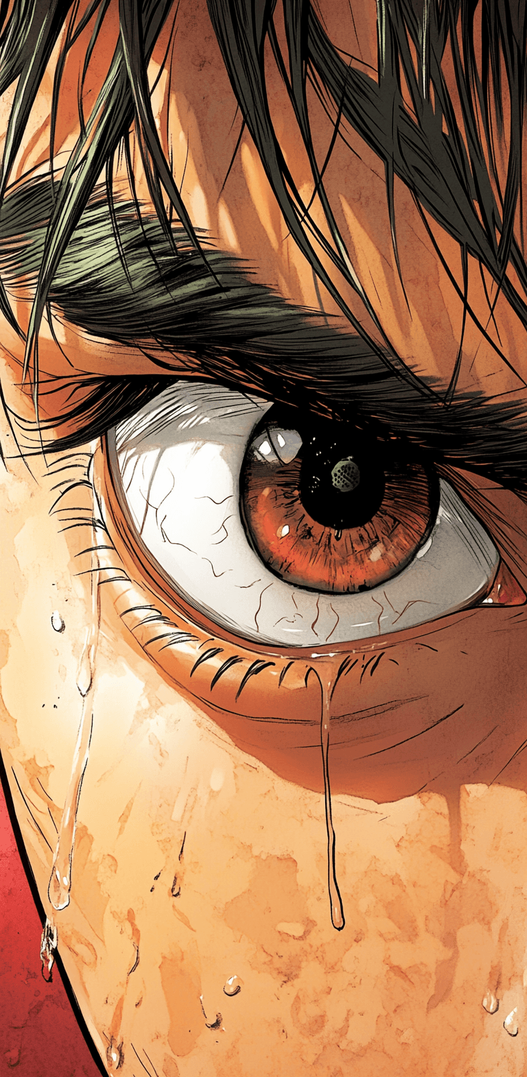 AI generated: manga panel of a close-up eye, intense, against a dark red background, in the style of Kentaro Miura...